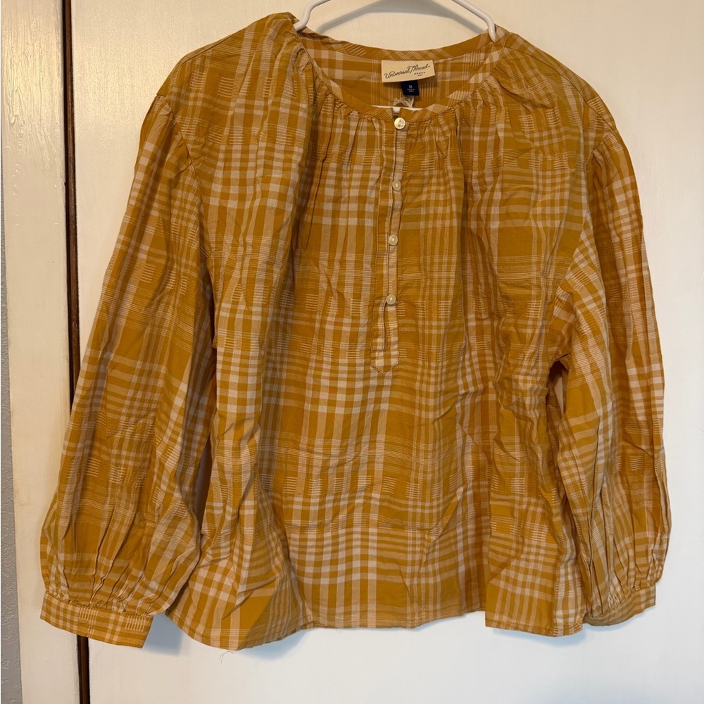 Universal Thread Mustard Yellow Plaid Peasant Blouse